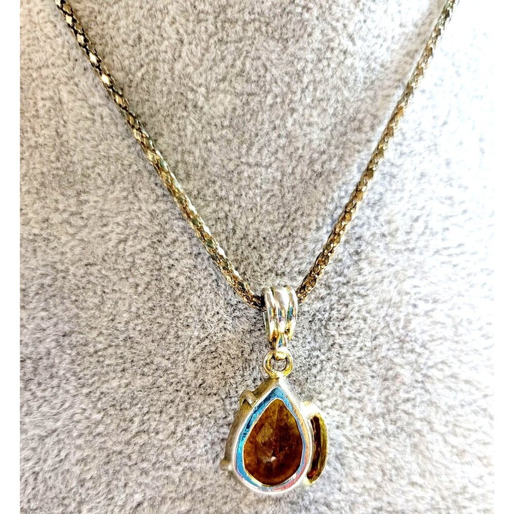 Pear shaped Citrine and Cubic Zirconia Gemstone Pendant Silver Tone Necklace 22" - Picture 4 of 9